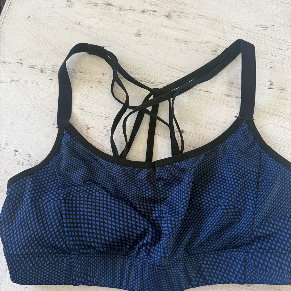 Women's Blue Patterned Strappy Sports Bra with Black Trim